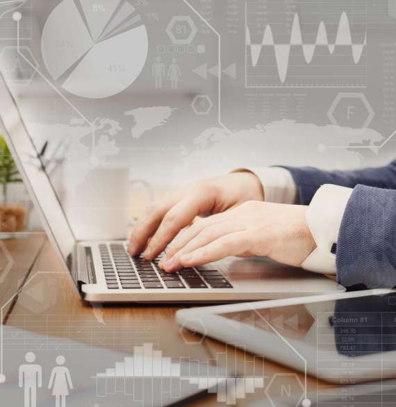 Digital marketing. Interactive screen with business processes over businessman typing on laptop Digital marketing concept. Interactive virtual screen with business processes over businessman typing on laptop in office space, creative collage